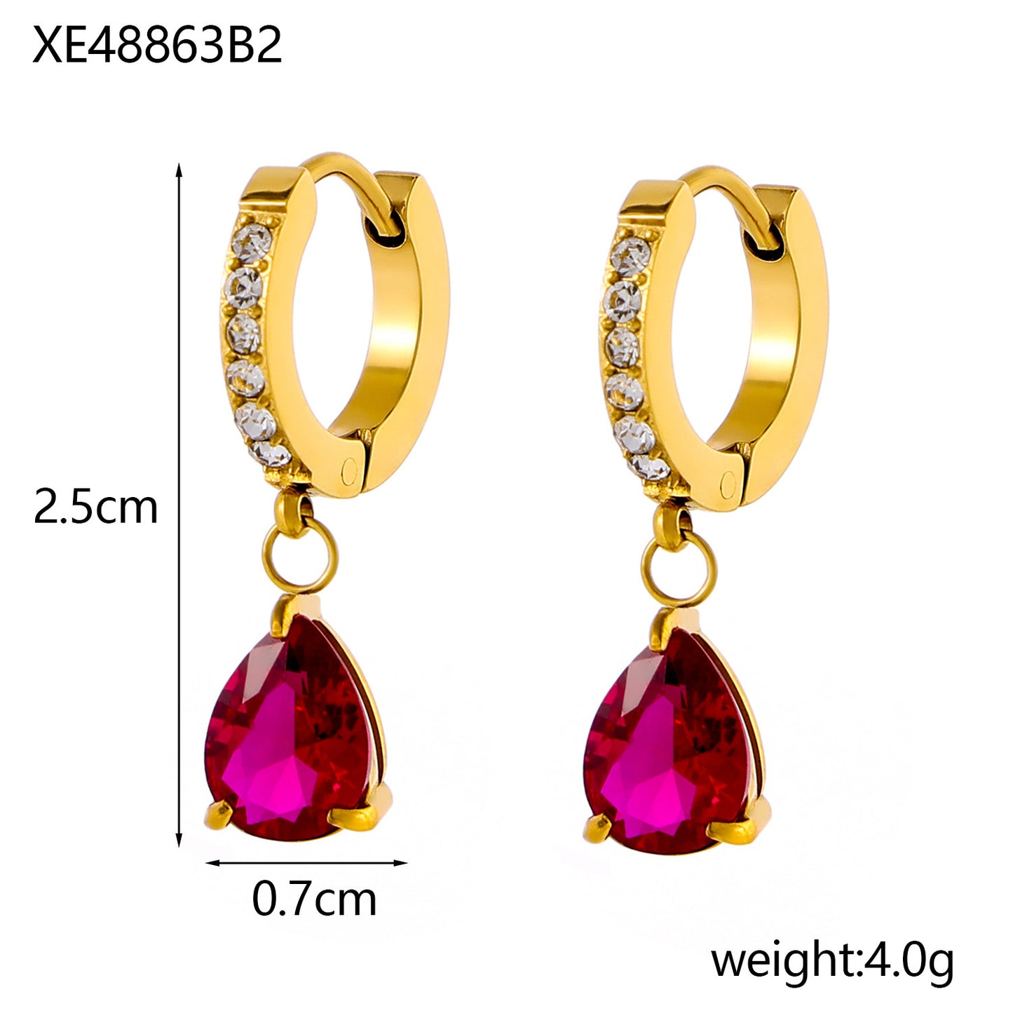 Stainless Steel 18K Gold-plated Water Drop Color Zircon Earrings