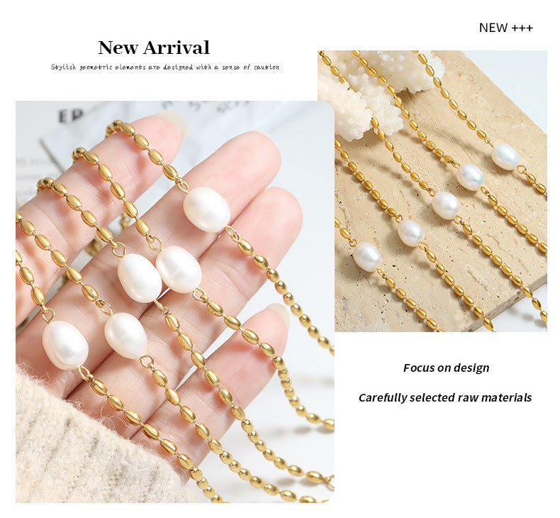 Korean Style Freshwater Pearl Stitching Bead Elegant Metal Chain Bracelet