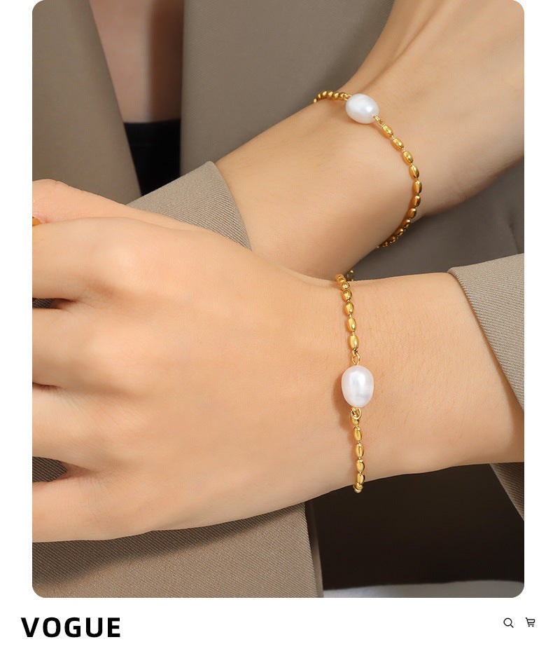 Korean Style Freshwater Pearl Stitching Bead Elegant Metal Chain Bracelet