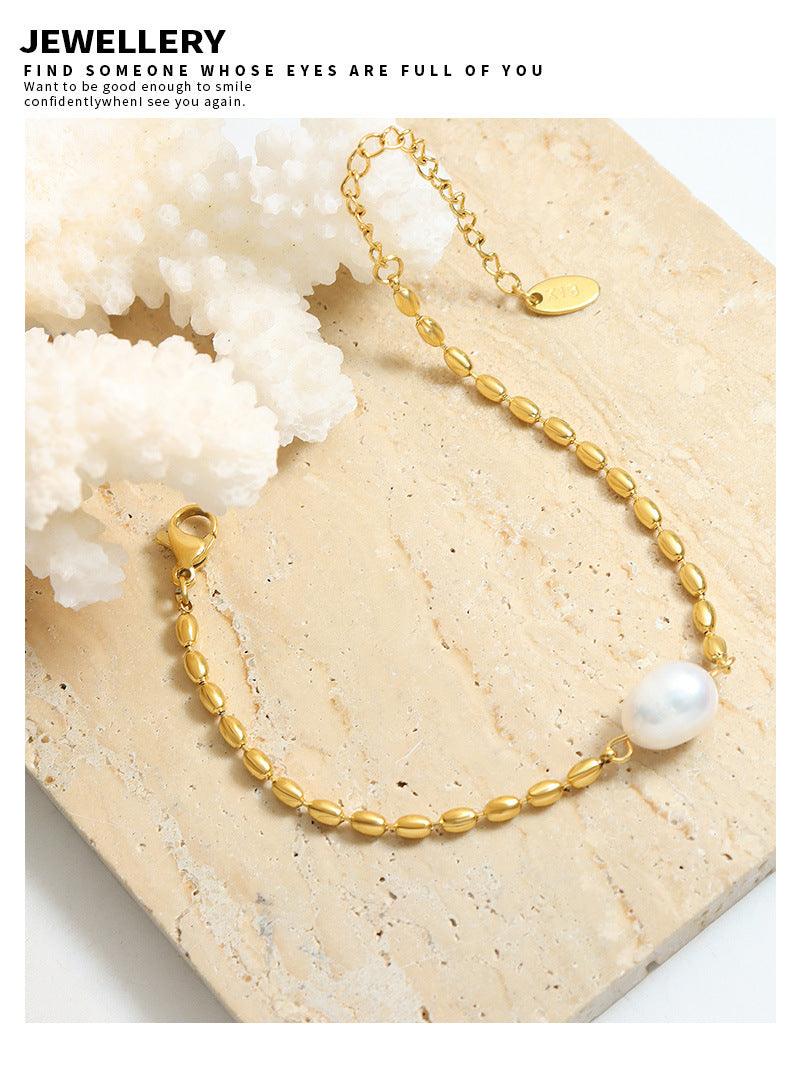 Korean Style Freshwater Pearl Stitching Bead Elegant Metal Chain Bracelet