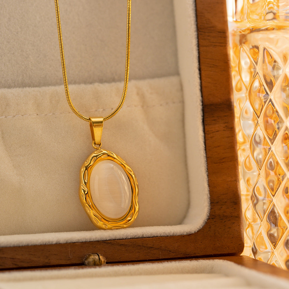 Luxury 18K Gold Plated Stainless Steel Oval Shape White Cat Eye Opal Stone Pendant Necklace