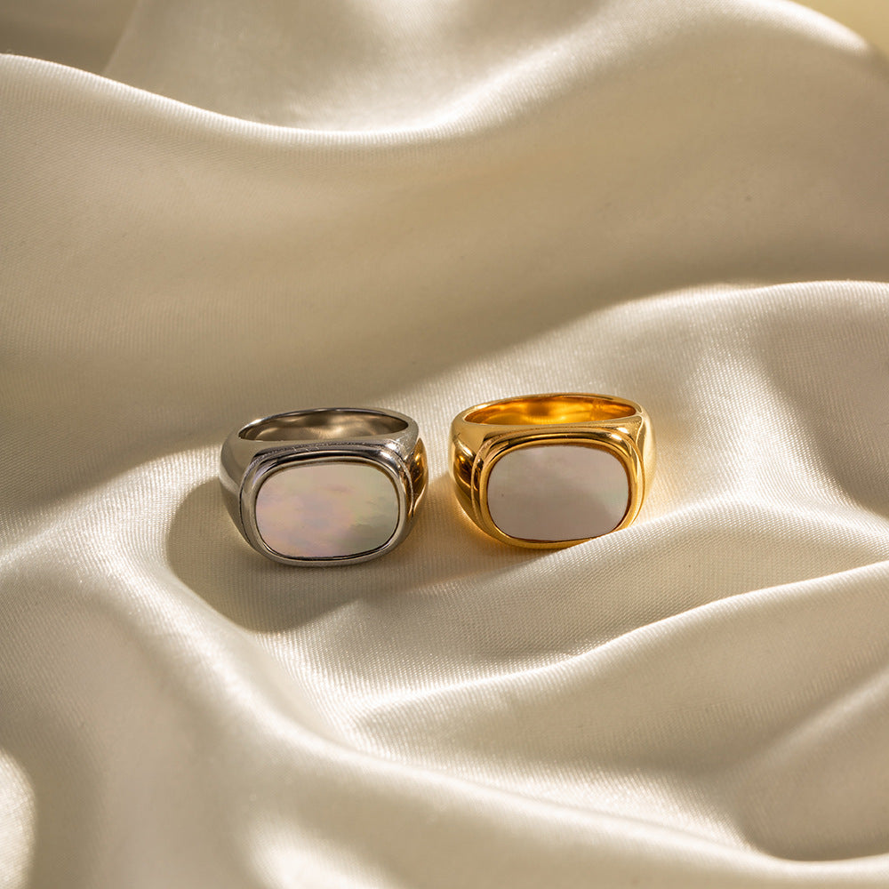 18K Gold Vacuum Plating Stainless Steel Square White Shell Ring