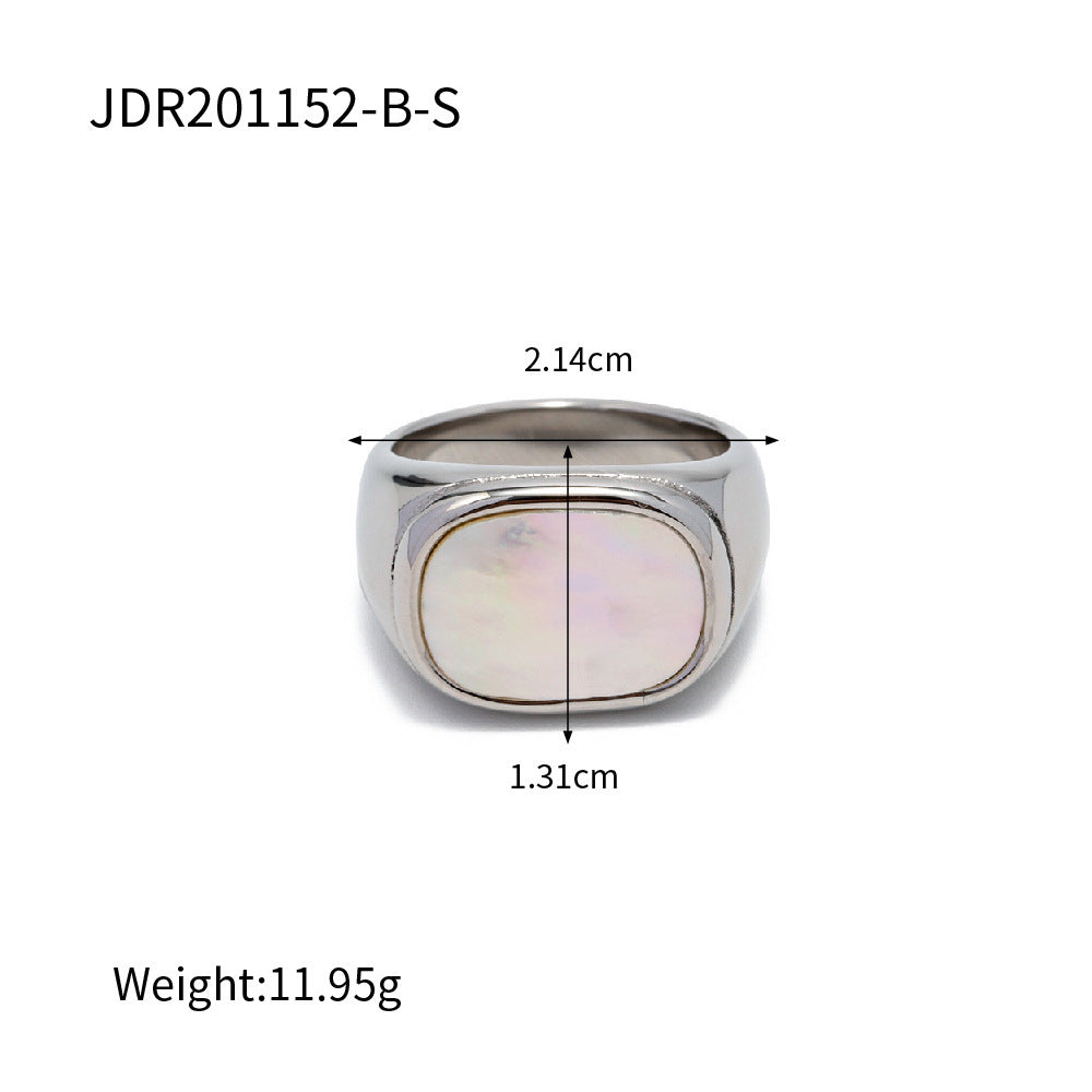 18K Gold Vacuum Plating Stainless Steel Square White Shell Ring