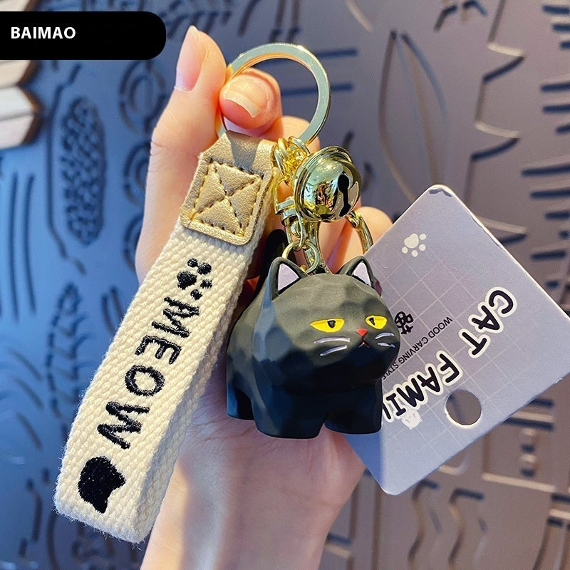 Cute Creative Resin Wood Carving Cat Standing Keychain