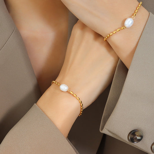 Korean Style Freshwater Pearl Stitching Bead Elegant Metal Chain Bracelet