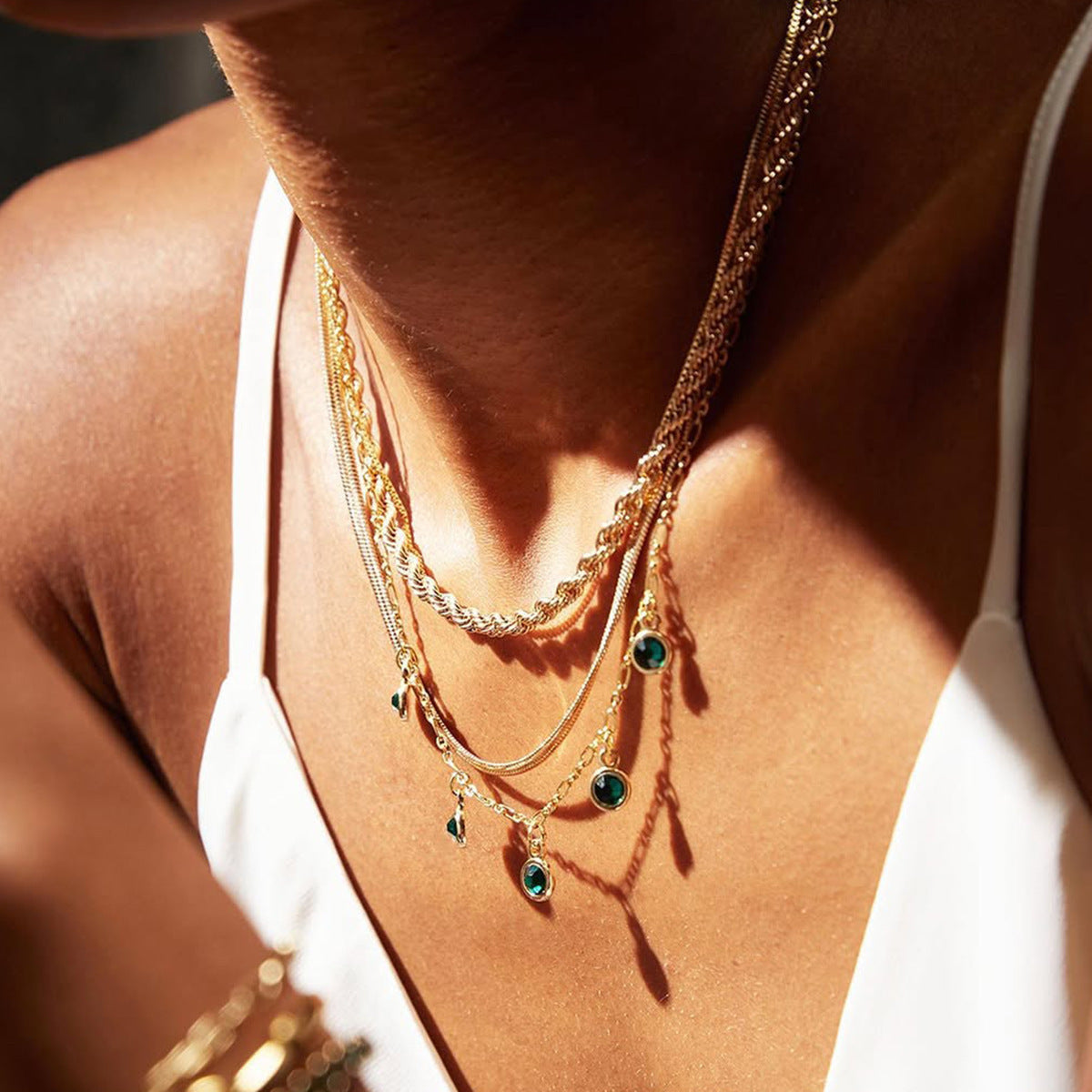 Stainless Steel Green Rhinestone Multi-layer Twin Necklace