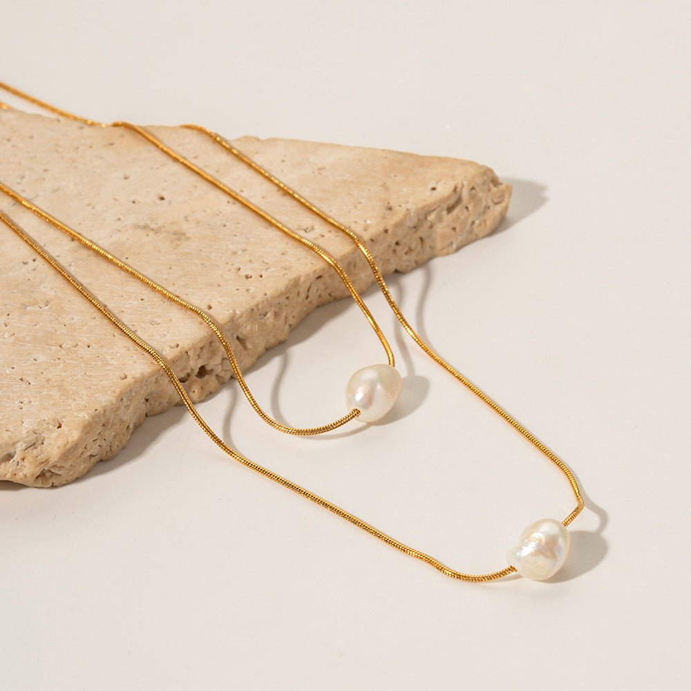 Pearl Necklace 18K Gold Stainless Steel Inlaid Freshwater Pearl Double Layer Non-fading Necklace