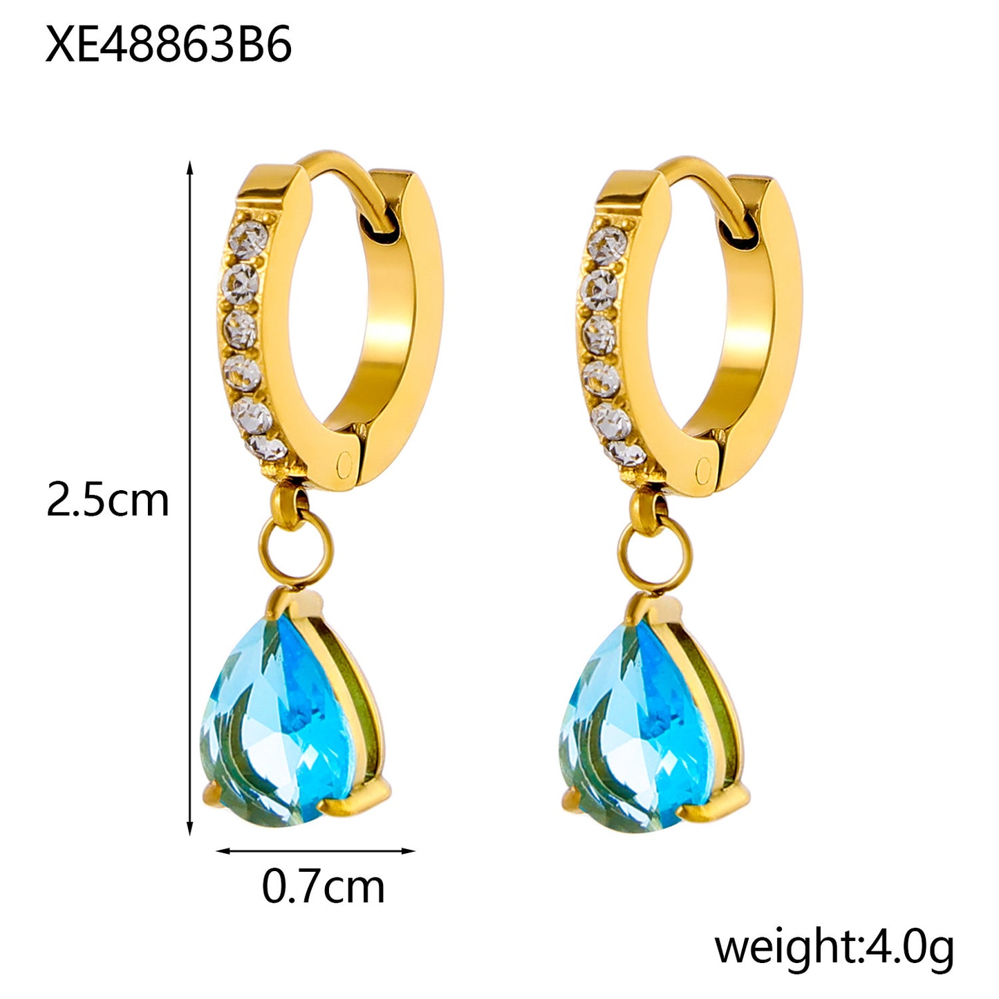 Stainless Steel 18K Gold-plated Water Drop Color Zircon Earrings
