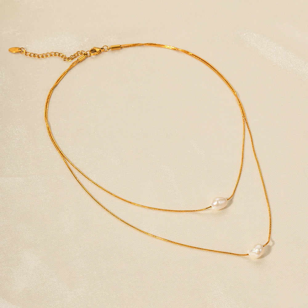 Pearl Necklace 18K Gold Stainless Steel Inlaid Freshwater Pearl Double Layer Non-fading Necklace