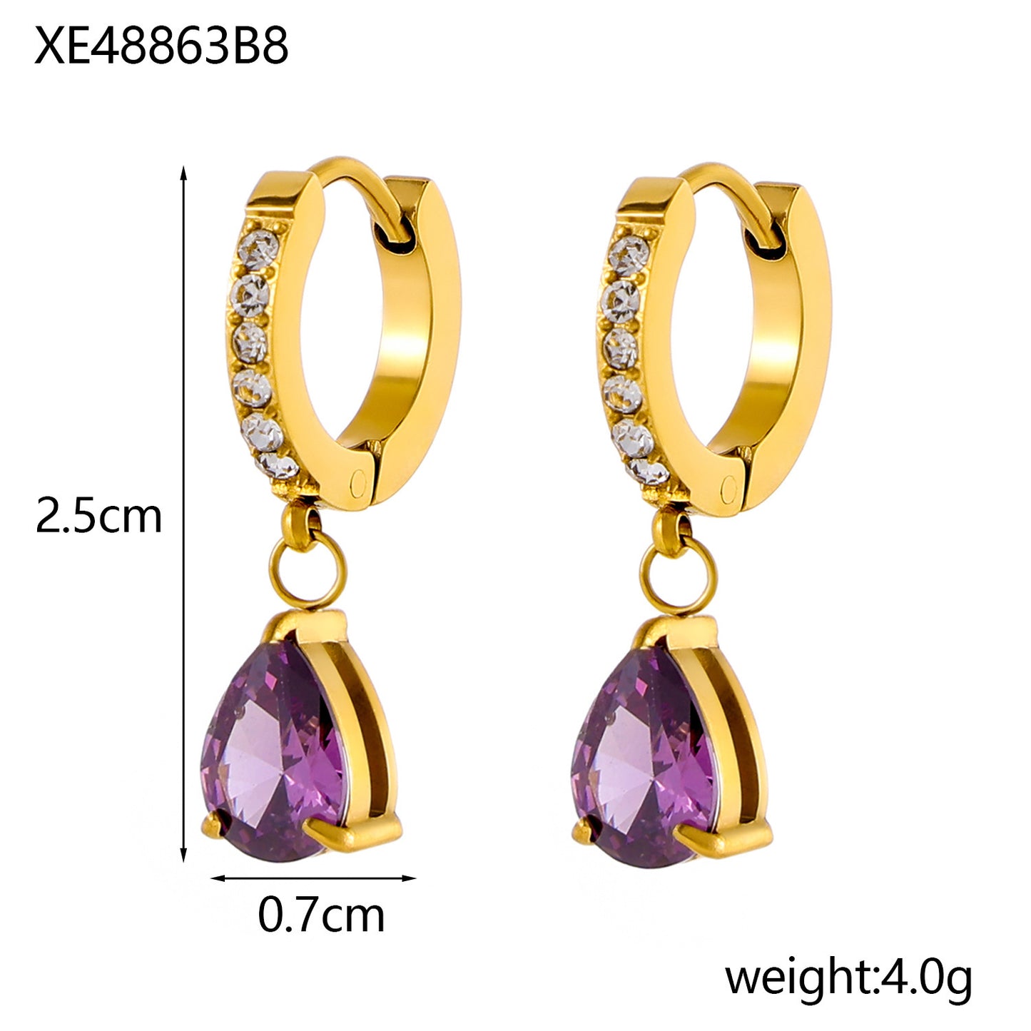 Stainless Steel 18K Gold-plated Water Drop Color Zircon Earrings