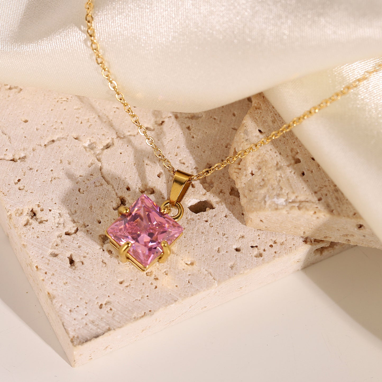 Stainless Steel White Green Square Zircon Pendant Necklace For Women