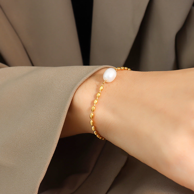 Korean Style Freshwater Pearl Stitching Bead Elegant Metal Chain Bracelet