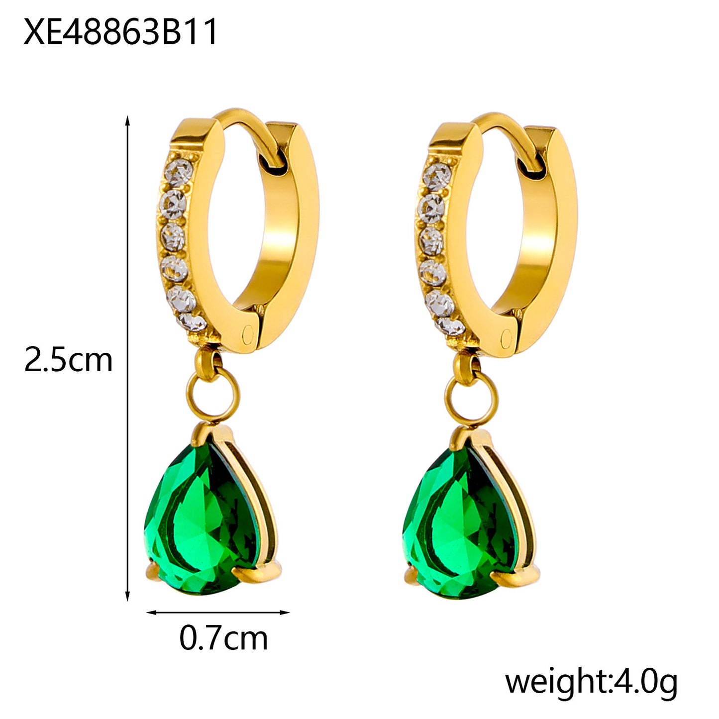 Stainless Steel 18K Gold-plated Water Drop Color Zircon Earrings