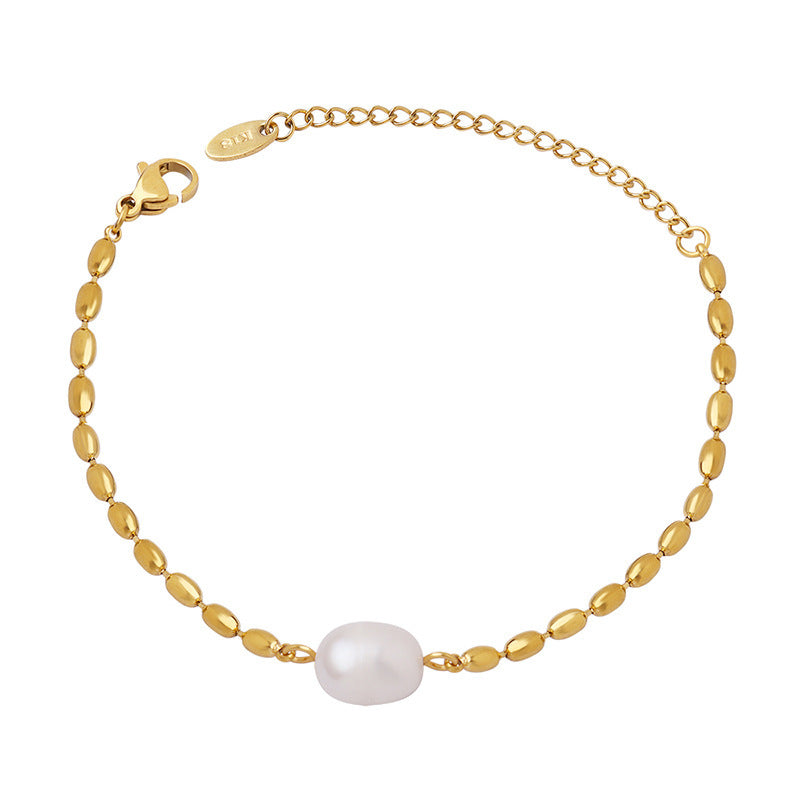 Korean Style Freshwater Pearl Stitching Bead Elegant Metal Chain Bracelet