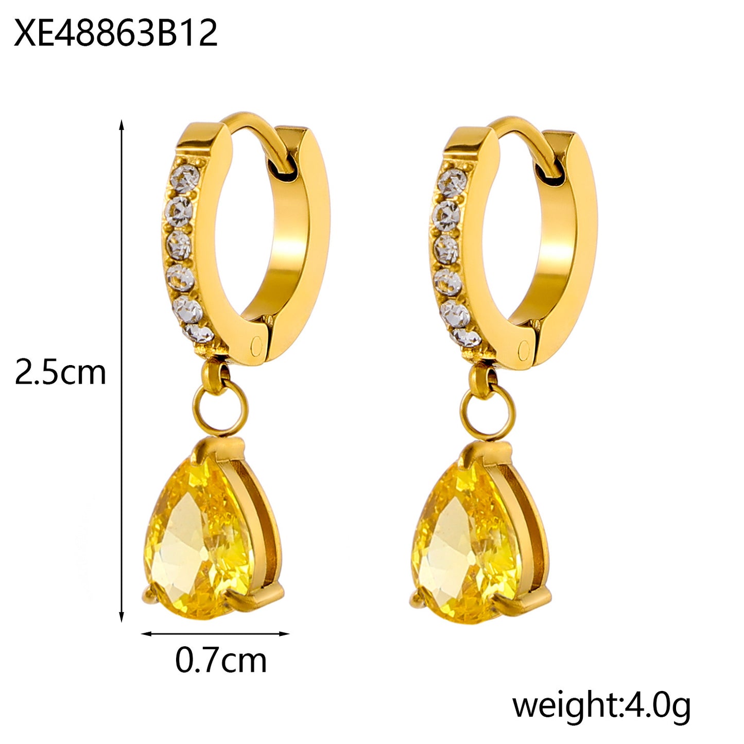 Stainless Steel 18K Gold-plated Water Drop Color Zircon Earrings