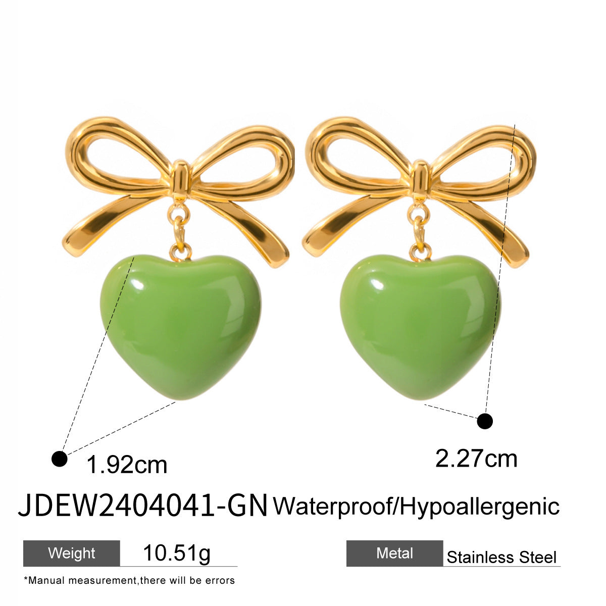 18K Gold Stainless Steel Bow Green Heart Earrings