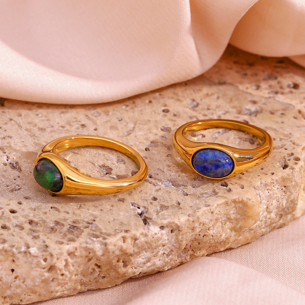 Stainless Steel Plated 18K Gold Oval Natural Stone Ring