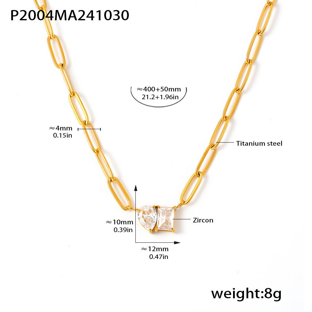 Stainless Steel 18K Gold Plated Water Drop Square Zircon Sweet Necklace