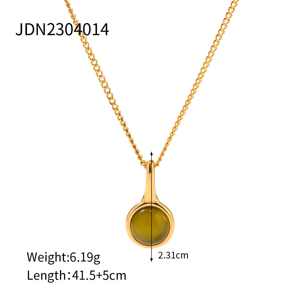 18K Gold Olive Green Opal Stainless Steel Pendant Necklace
