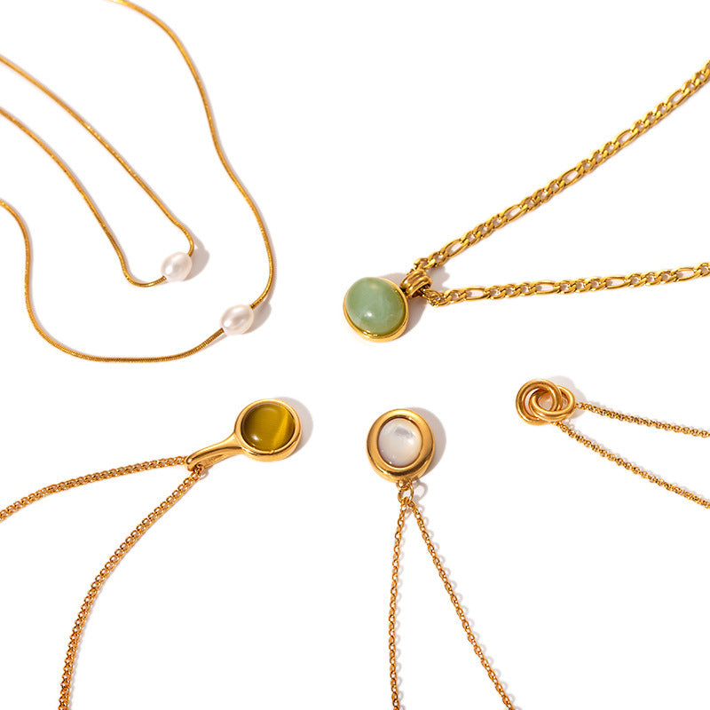 Retro 18K Gold Stainless Steel Titanium Steel Agate Stone Necklace