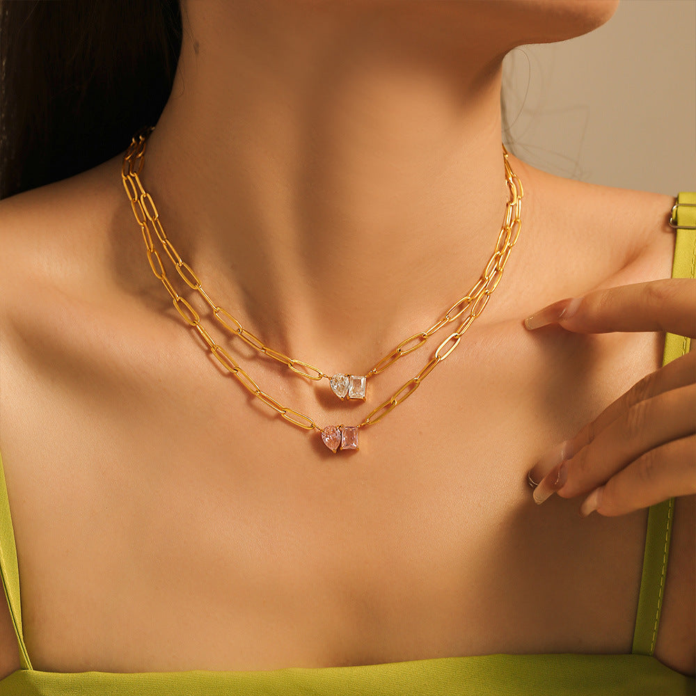 Stainless Steel 18K Gold Plated Water Drop Square Zircon Sweet Necklace