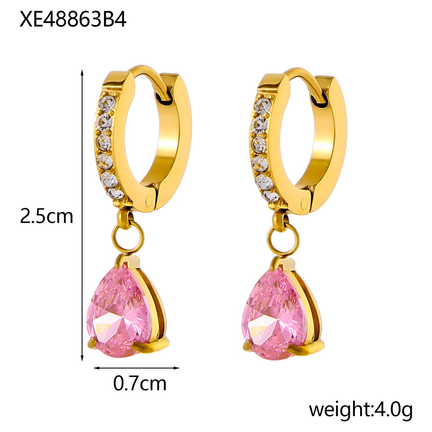 Stainless Steel 18K Gold-plated Water Drop Color Zircon Earrings
