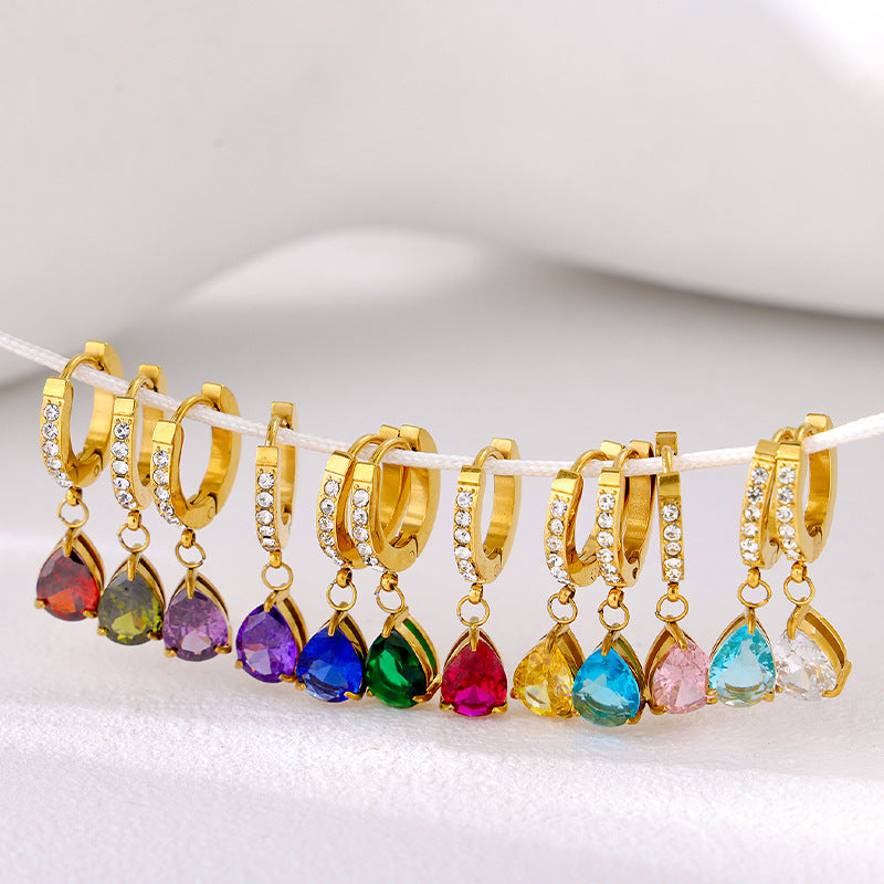 Stainless Steel 18K Gold-plated Water Drop Color Zircon Earrings