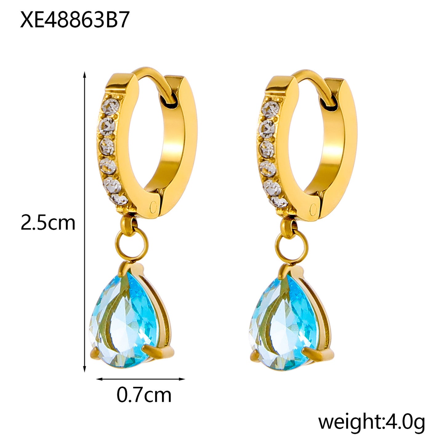 Stainless Steel 18K Gold-plated Water Drop Color Zircon Earrings