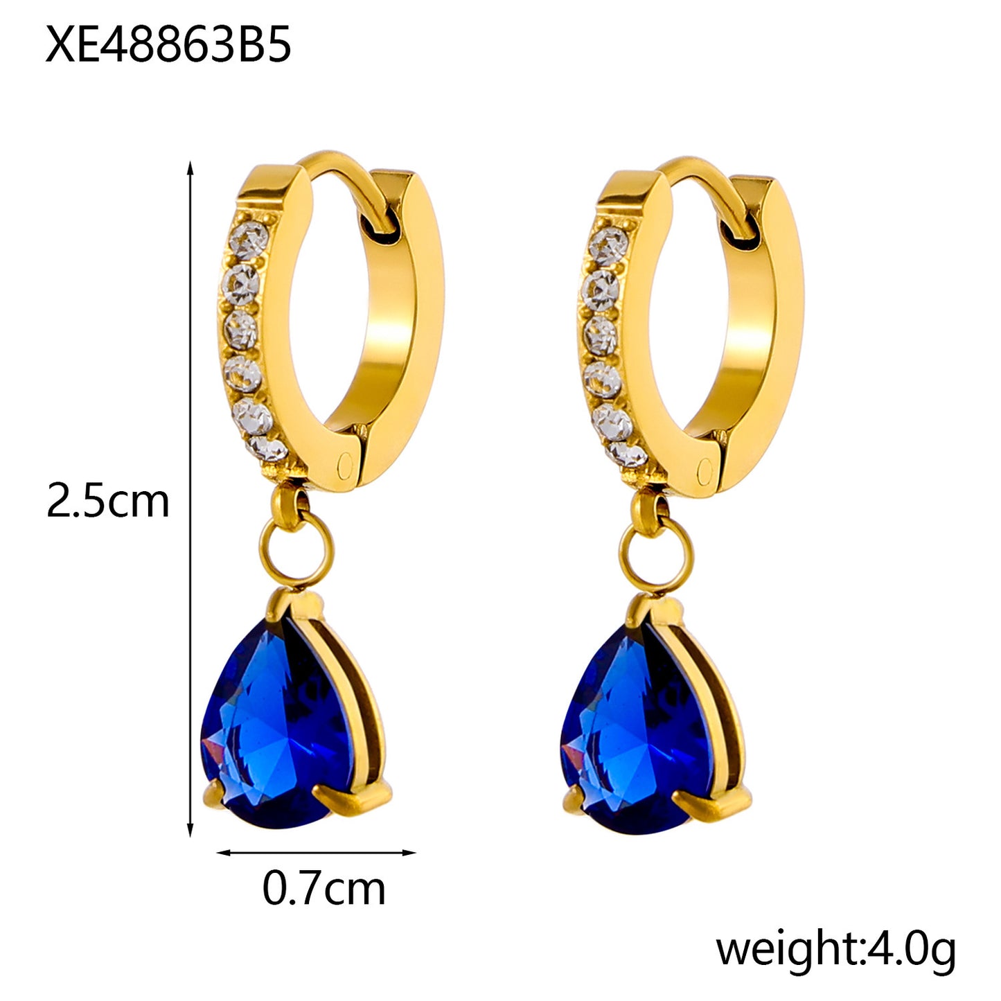 Stainless Steel 18K Gold-plated Water Drop Color Zircon Earrings