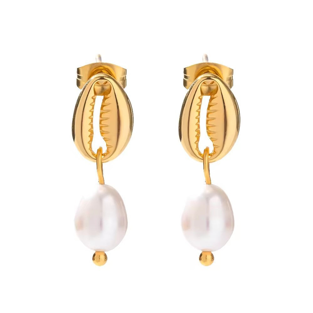18k Gold Stainless Steel Freshwater Pearl Ginkgo Pendant Earrings