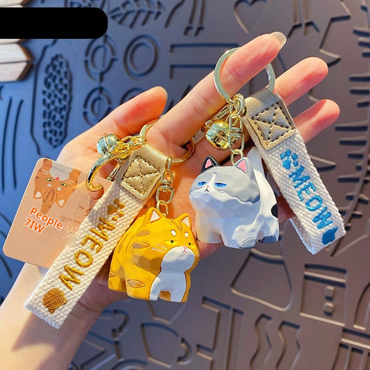 Cute Creative Resin Wood Carving Cat Standing Keychain