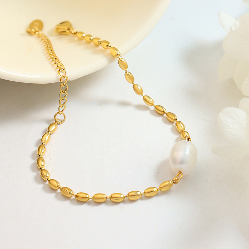 Korean Style Freshwater Pearl Stitching Bead Elegant Metal Chain Bracelet