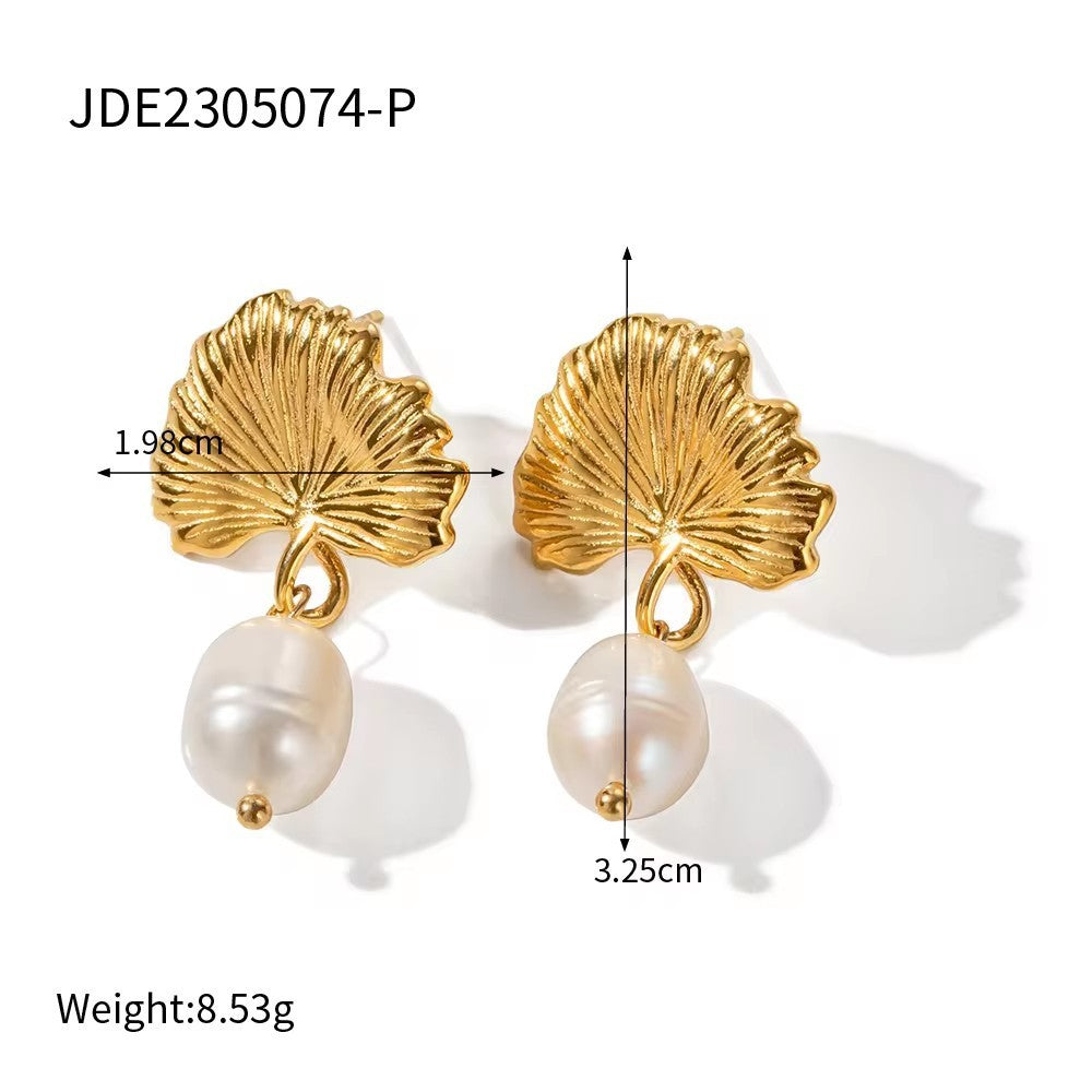 18k Gold Stainless Steel Freshwater Pearl Ginkgo Pendant Earrings