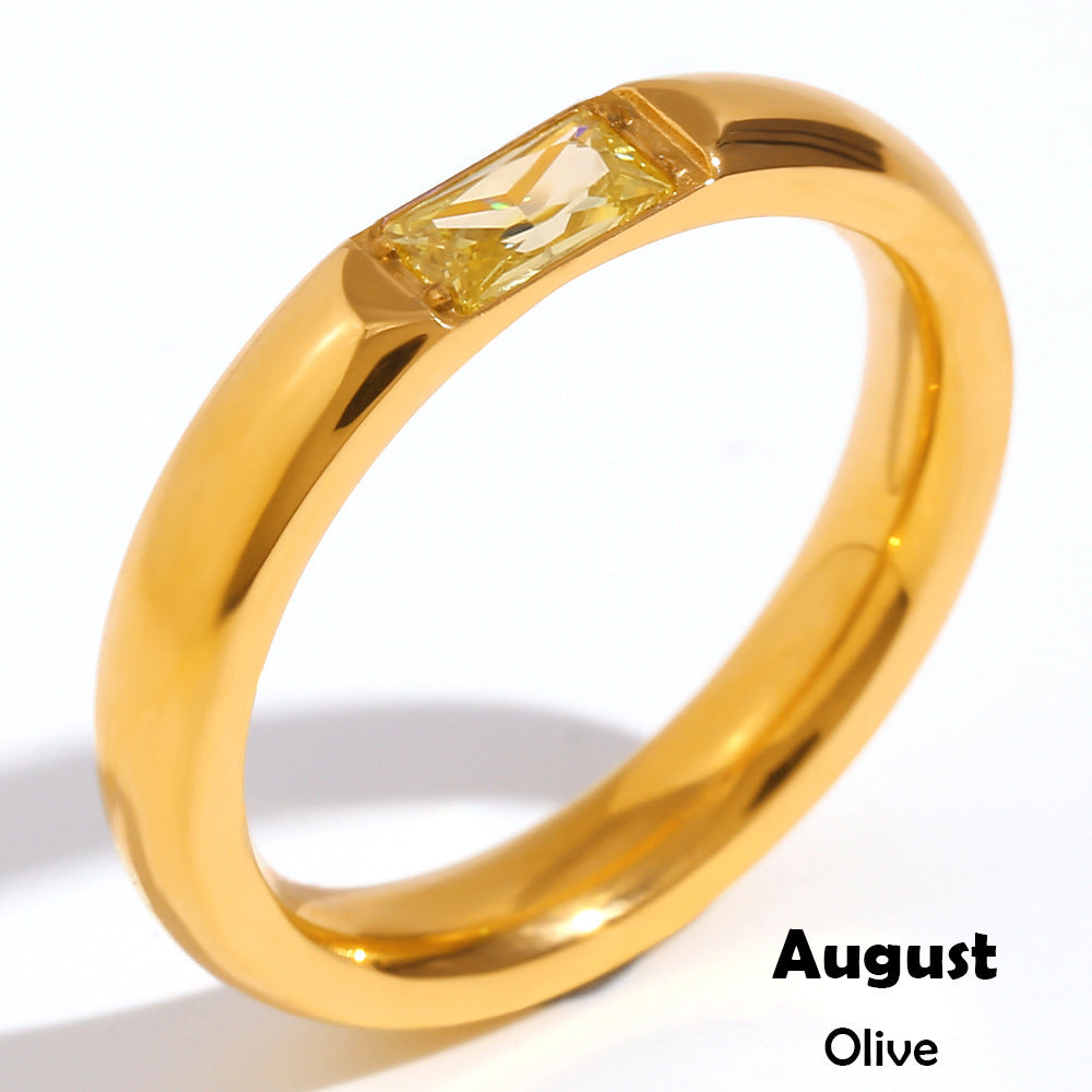 Stainless Steel Plated 18K Gold Rectangular Zircon Birthstones Ring