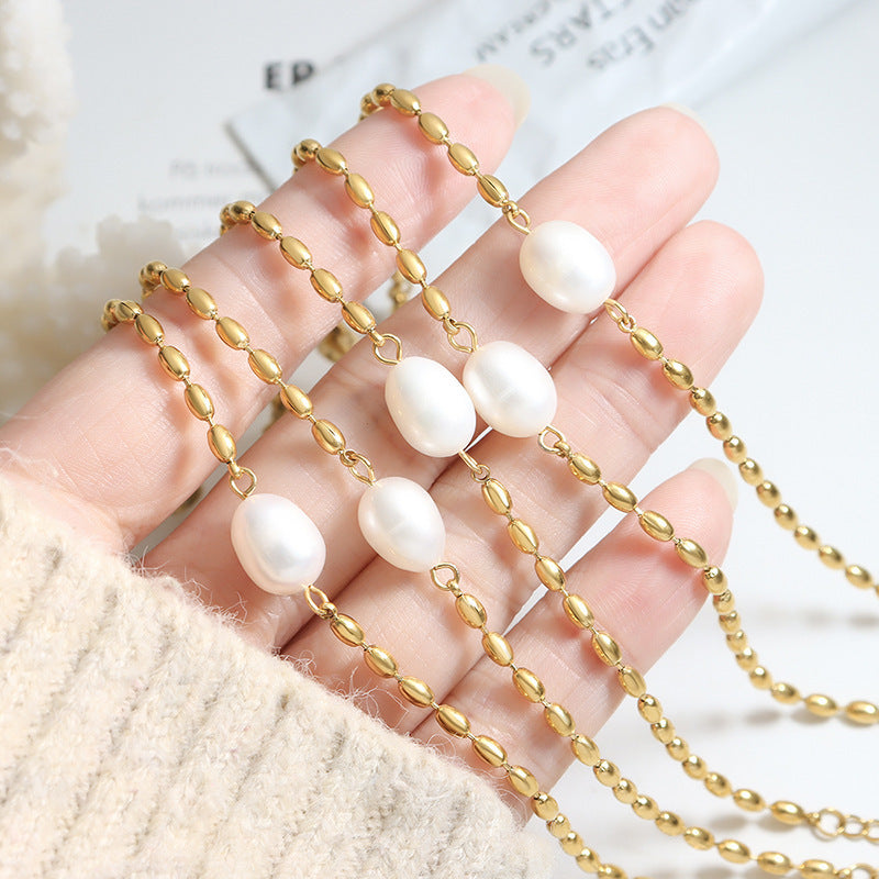 Korean Style Freshwater Pearl Stitching Bead Elegant Metal Chain Bracelet