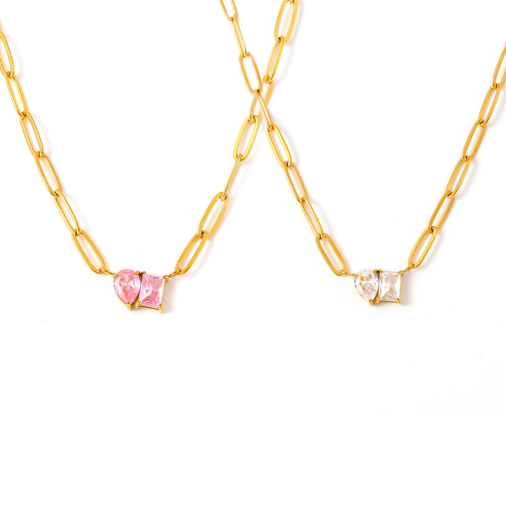 Stainless Steel 18K Gold Plated Water Drop Square Zircon Sweet Necklace