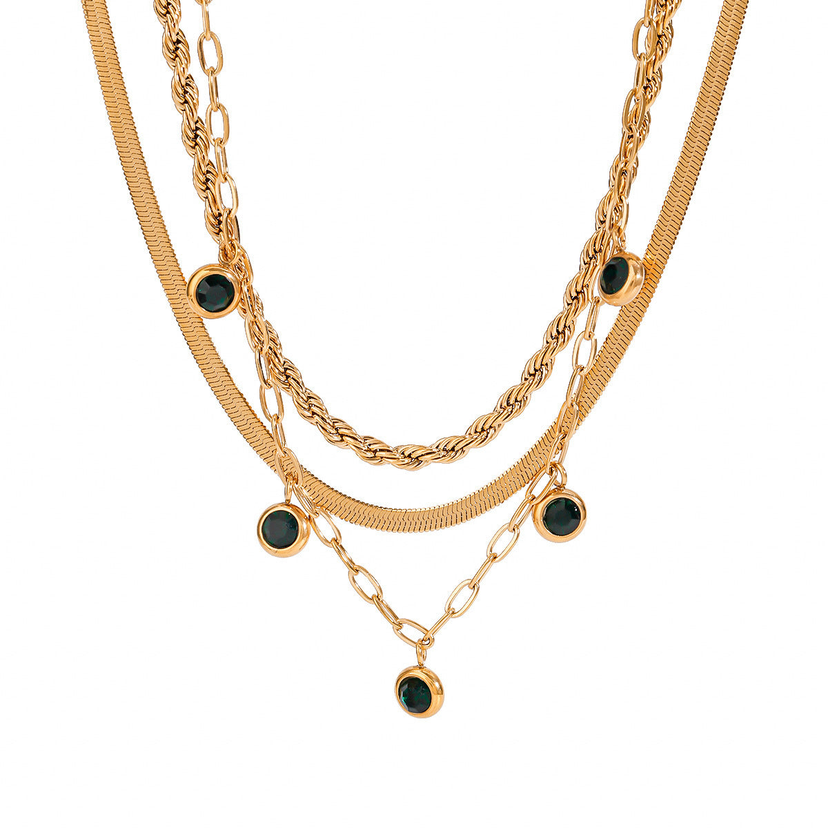 Stainless Steel Green Rhinestone Multi-layer Twin Necklace