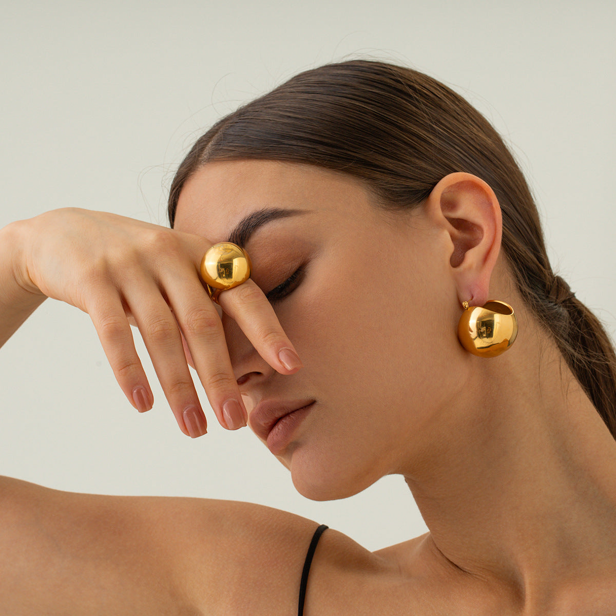 Cold Style Titanium Steel 18K Gold Stainless Steel Chubby Spherical Ring