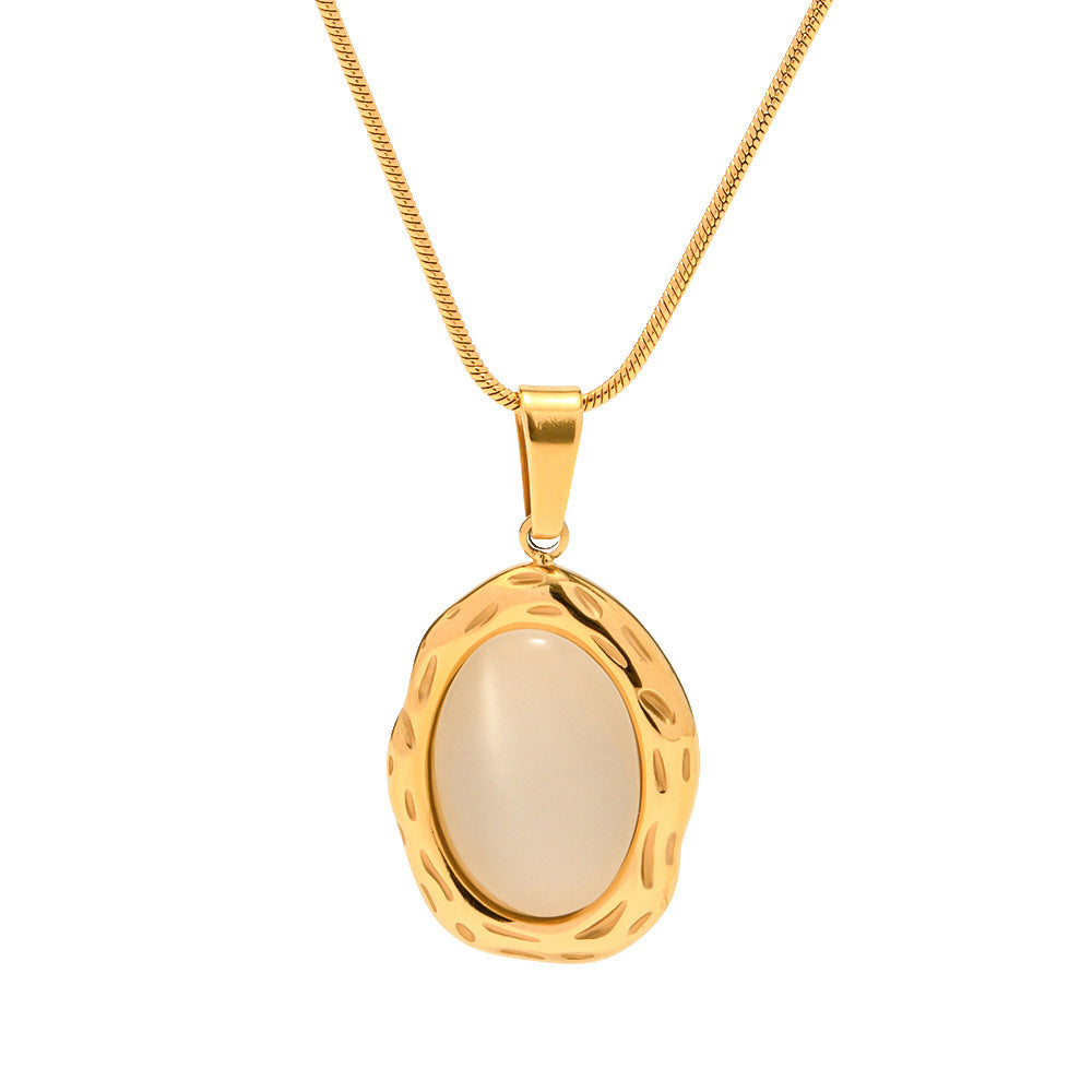Luxury 18K Gold Plated Stainless Steel Oval Shape White Cat Eye Opal Stone Pendant Necklace
