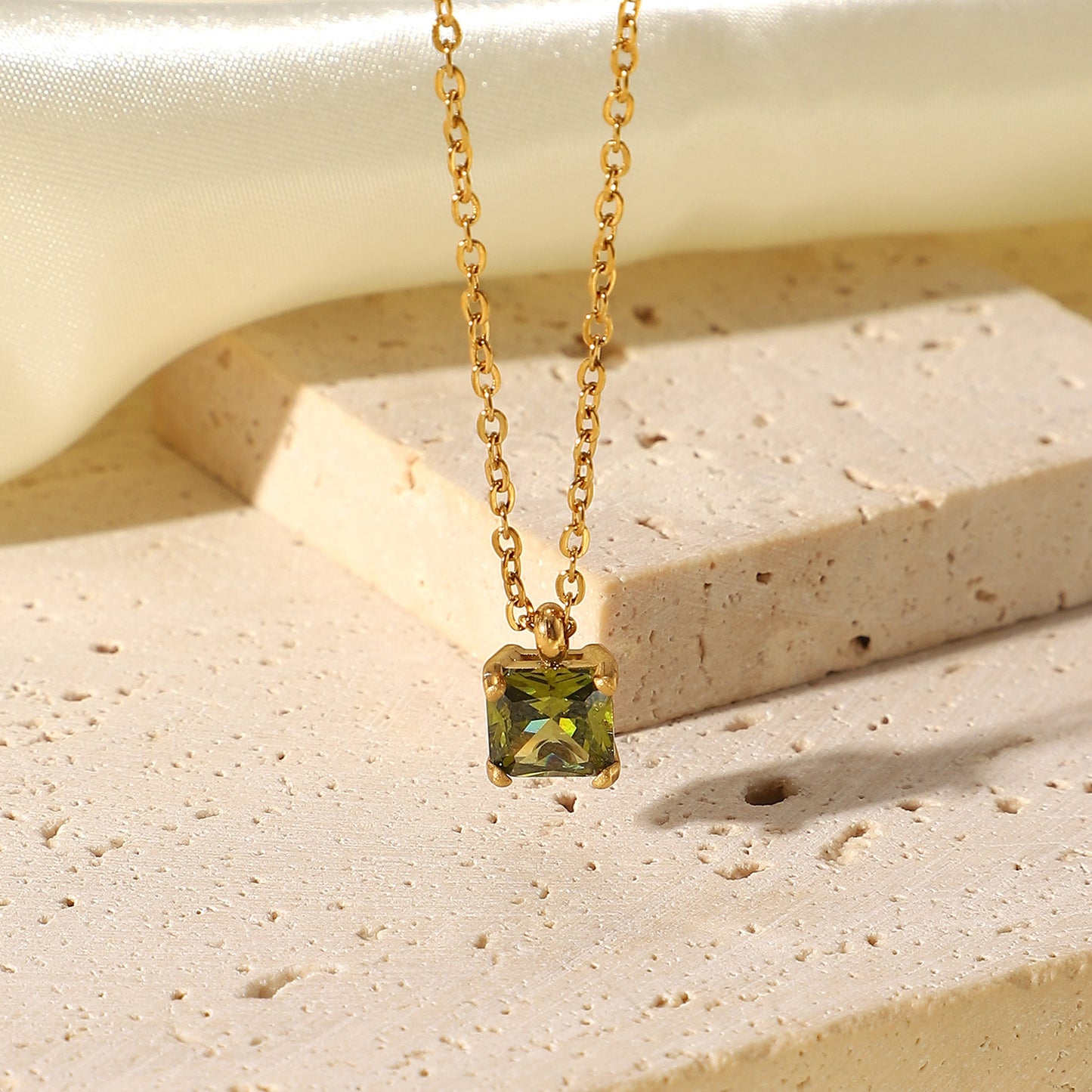 Stainless Steel White Green Square Zircon Pendant Necklace For Women