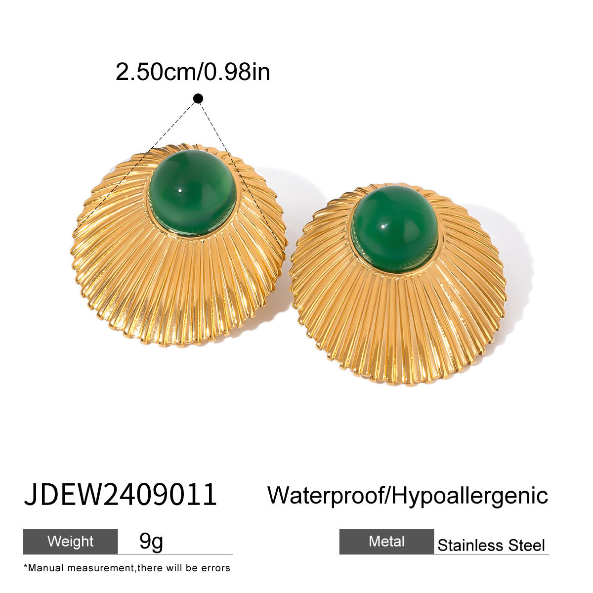 Stainless Steel Green Agate Threaded Round Earrings