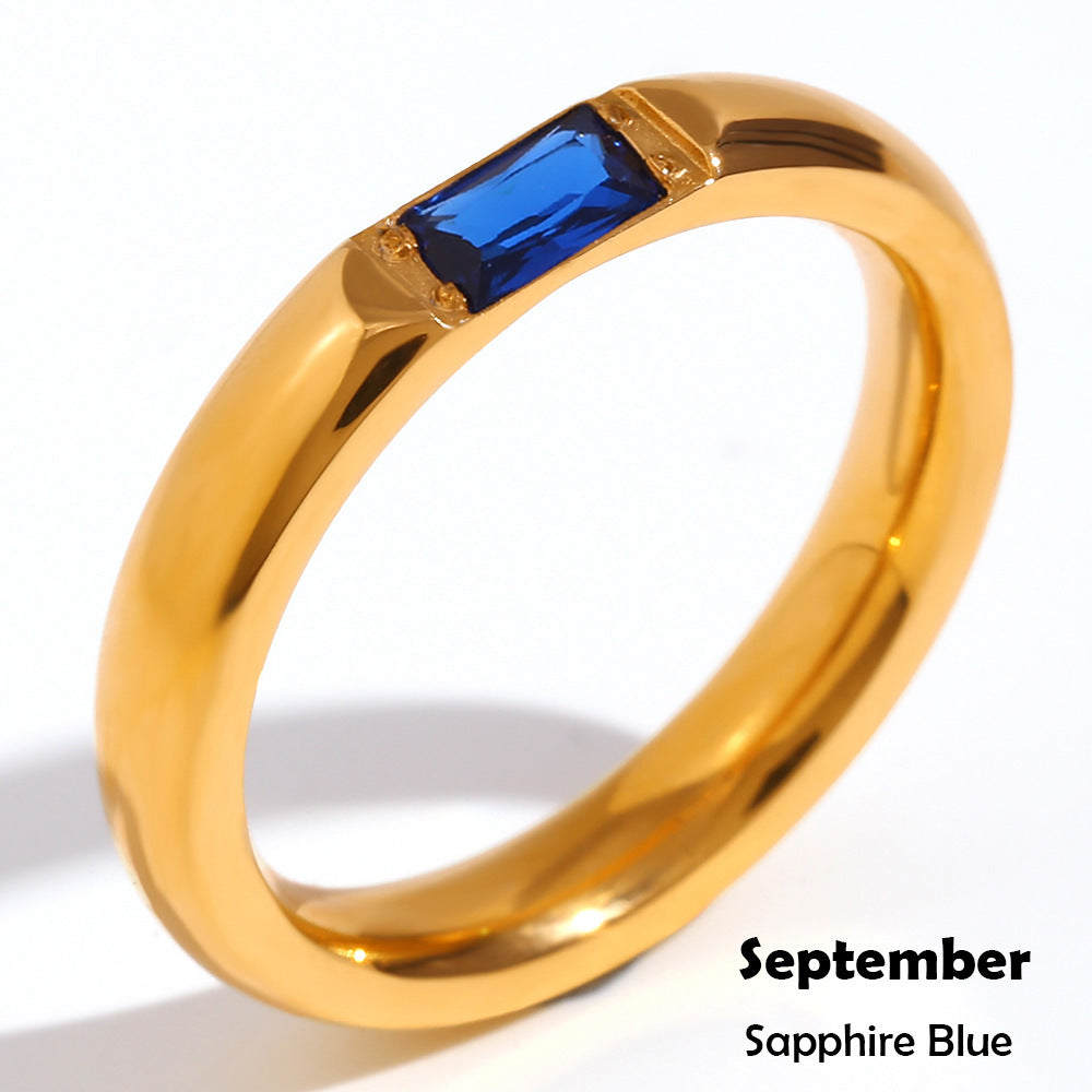 Stainless Steel Plated 18K Gold Rectangular Zircon Birthstone Ring For Women