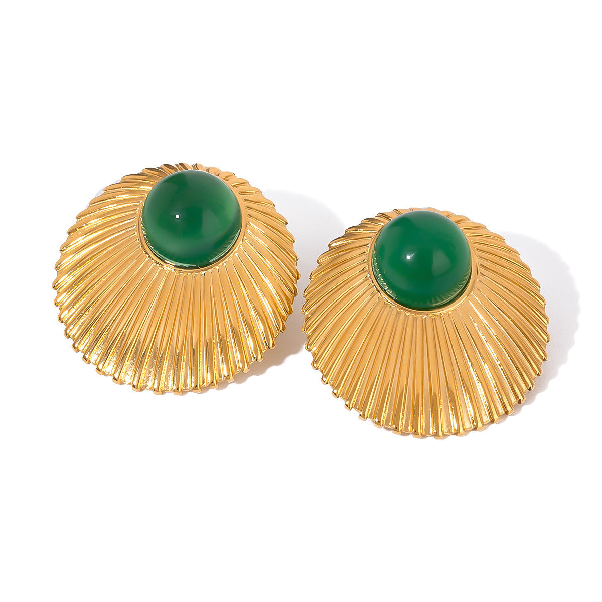 Stainless Steel Green Agate Threaded Round Earrings