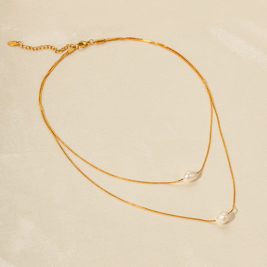 Pearl Necklace 18K Gold Stainless Steel Inlaid Freshwater Pearl Double Layer Non-fading Necklace