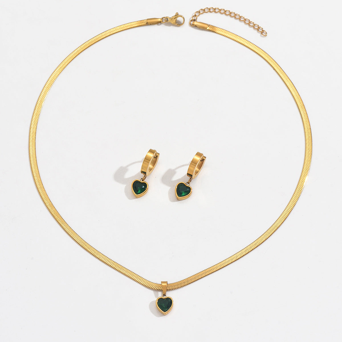 Lxalry 18K Gold Plated Stainless Steel Green Heart Jewelry Set For Women - Waterproof Hypoallergenic Elegant Necklace And Earrings Gift For Birthday Wedding Anniversary Christmas Daily Wear