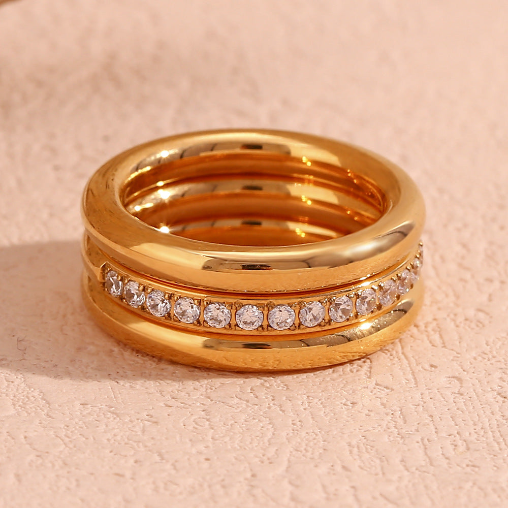 Stainless Steel 18K Gold Plated Zircon Simple Bracelet Ring Three-piece Set
