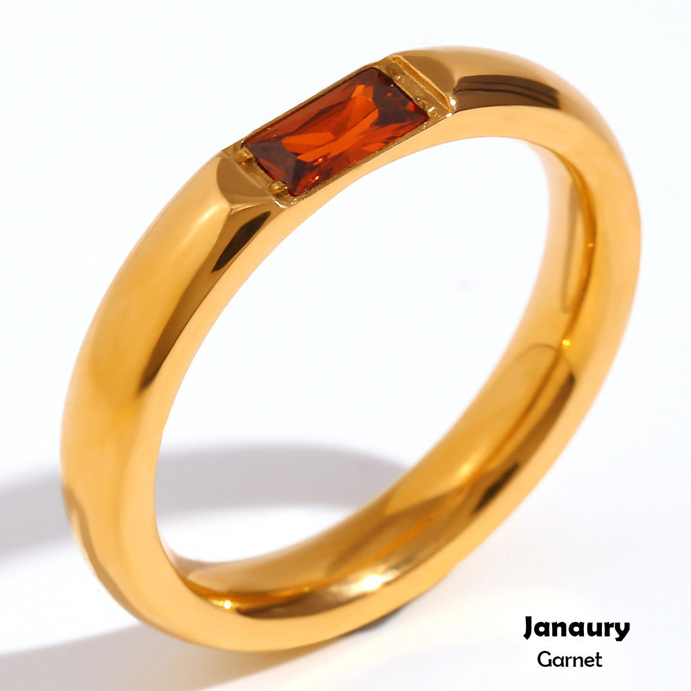 Stainless Steel Plated 18K Gold Rectangular Zircon Birthstones Ring