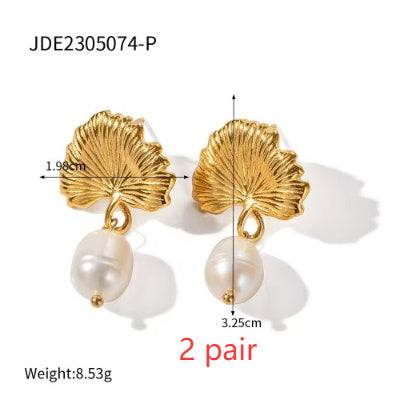 18k Gold Stainless Steel Freshwater Pearl Ginkgo Pendant Earrings