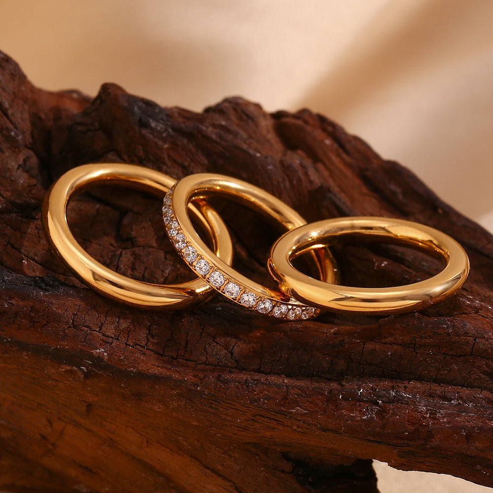 Stainless Steel 18K Gold Plated Zircon Simple Bracelet Ring Three-piece Set