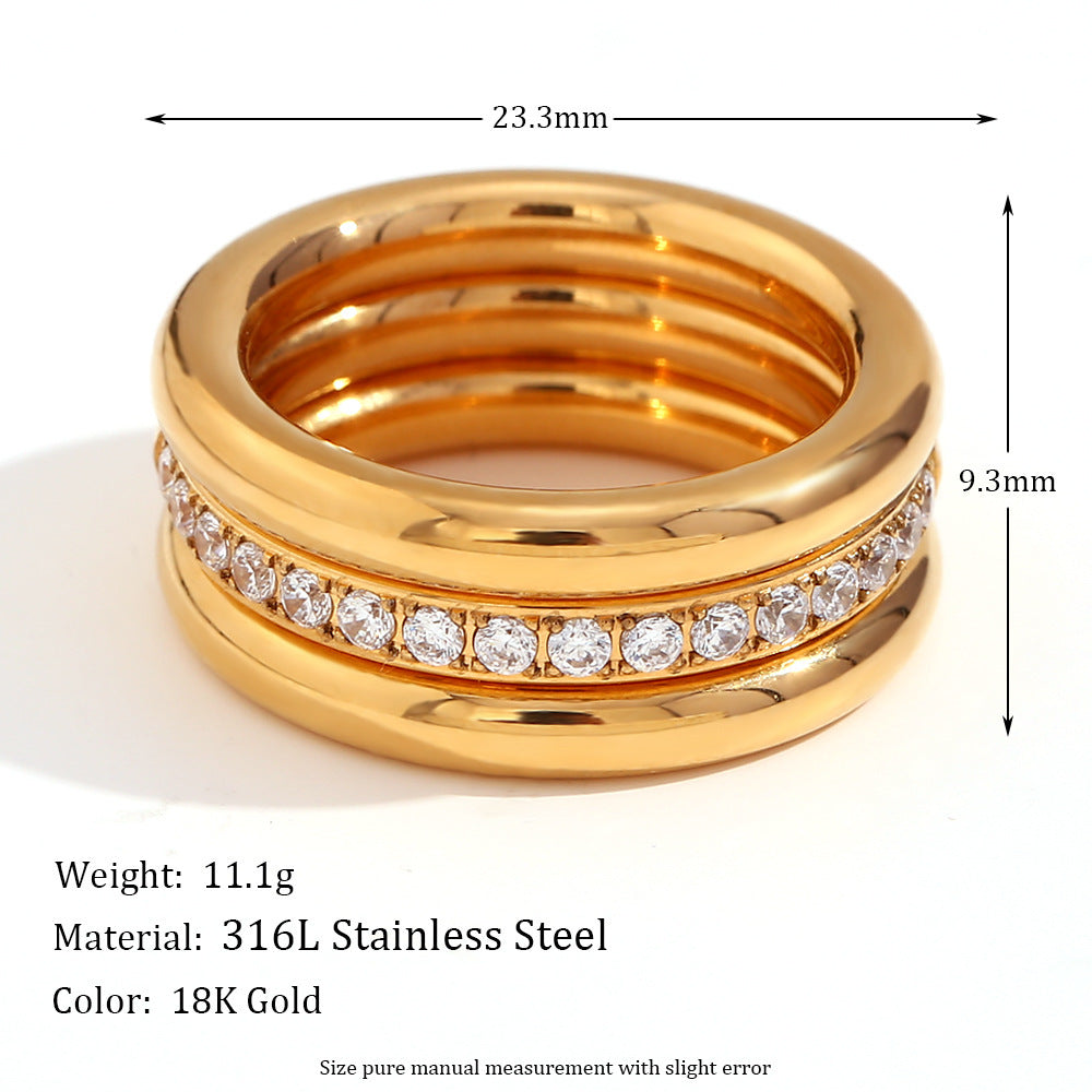 Stainless Steel 18K Gold Plated Zircon Simple Bracelet Ring Three-piece Set